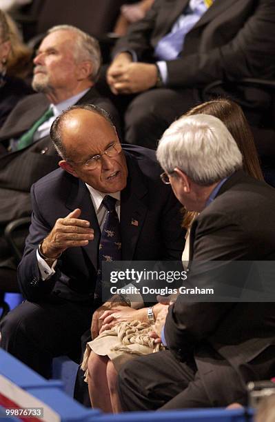 Former New York Mayor Rudy Giuliani and former Speaker of the House Newt Gingrich talk during the 2004 Republican National Convention.