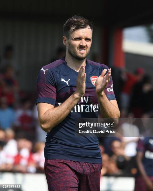 Carl Jenkinson of Arsenal gestures during the match between Borehamwood and Arsenal at Meadow Park on July 14, 2018 in Borehamwood, England.