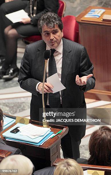 French Secretary of State for European Affairs Pierre Lellouche gives a speech during the weekly session of questions to the government on May 18,...