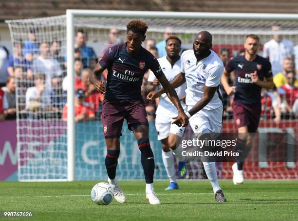 Jeff Reine-Adelaide of Arsenal controls the ball during the match between Borehamwood and Arsenal at Meadow Park on July 14, 2018 in Borehamwood,...