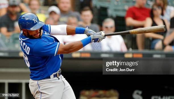 Jorge Bonifacio of the Kansas City Royals hits an RBI triple against the Chicago White Sox during the fifth inning at Guaranteed Rate Field on July...