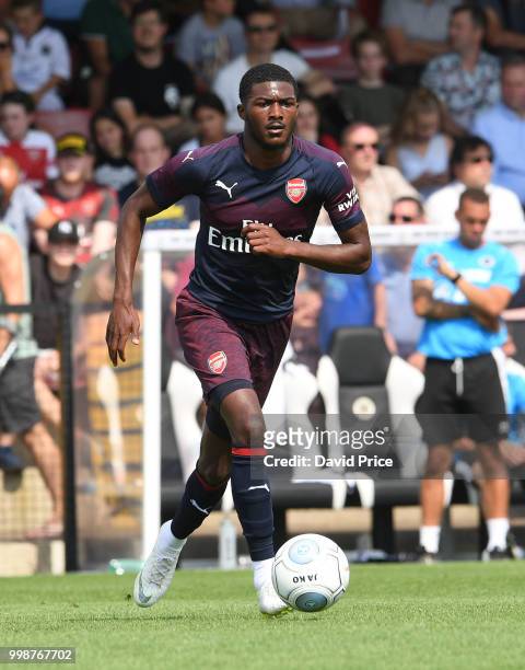 Ainsley Maitland-Niles of Arsenal controls the ball during the match between Borehamwood and Arsenal at Meadow Park on July 14, 2018 in Borehamwood,...