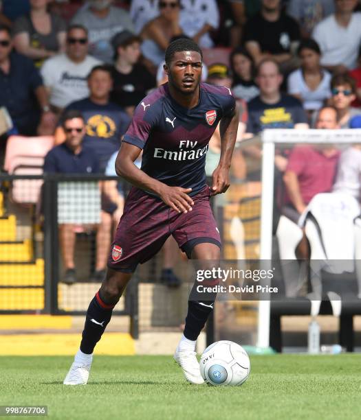 Ainsley Maitland-Niles of Arsenal controls the ball during the match between Borehamwood and Arsenal at Meadow Park on July 14, 2018 in Borehamwood,...