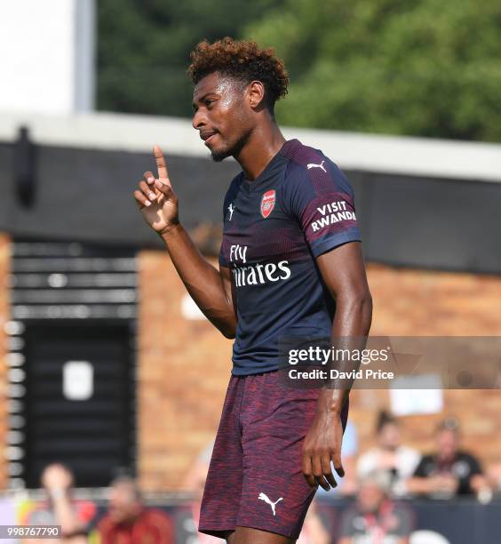 Jeff Reine-Adelaide celebrates scoring a goal for Arsenal during the match between Borehamwood and Arsenal at Meadow Park on July 14, 2018 in...
