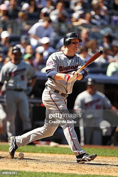 Justin Morneau of the Minnesota Twins in action against The New York Yankees during their game on May 16, 2010 at Yankee Stadium in the Bronx Borough...