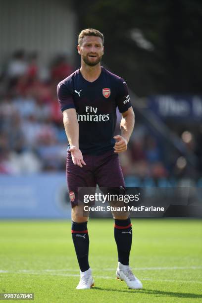 Shkodran Mustafi of Arsenal during the pre-season friendly between Boreham Wood and Arsenal at Meadow Park on July 14, 2018 in Borehamwood, England.