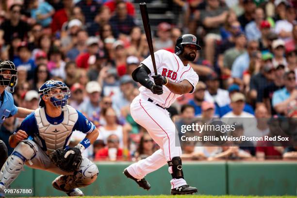 Jackie Bradley Jr. #19 of the Boston Red Sox hits a game tying RBI double during the ninth inning of a game against the Toronto Blue Jays on July 14,...