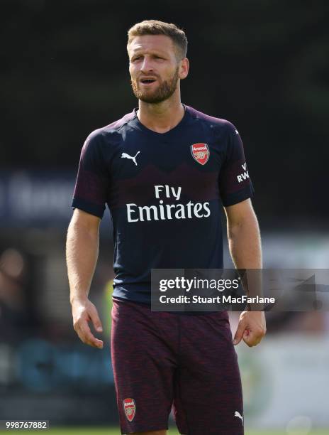 Shkodran Mustafi of Arsenal during the pre-season friendly between Boreham Wood and Arsenal at Meadow Park on July 14, 2018 in Borehamwood, England.