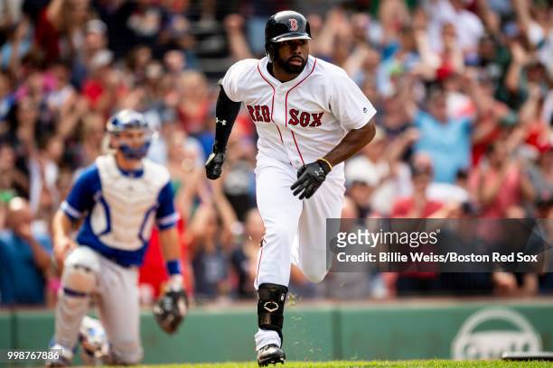 Jackie Bradley Jr. #19 of the Boston Red Sox rounds first base after hitting a game tying RBI double during the ninth inning of a game against the...
