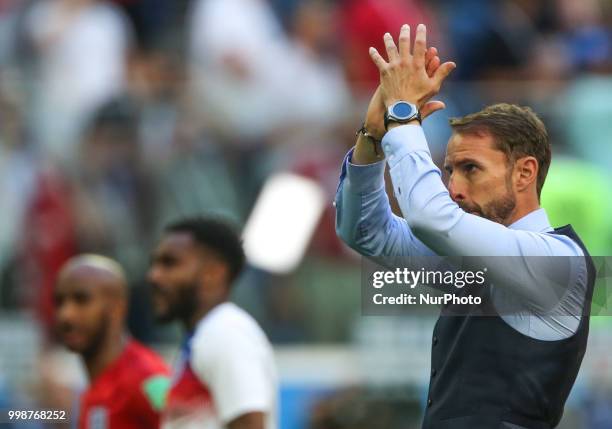 Head Coach Gareth Southgate of the England national football team reacts after the 2018 FIFA World Cup Russia 3rd Place Playoff match between Belgium...