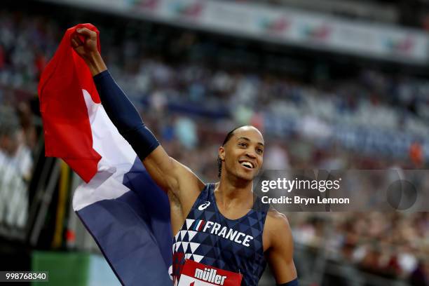 Pascal Martinot-Lagarde of France celebrates victory during the Men's 110m Hurdles during day one of the Athletics World Cup London at the London...