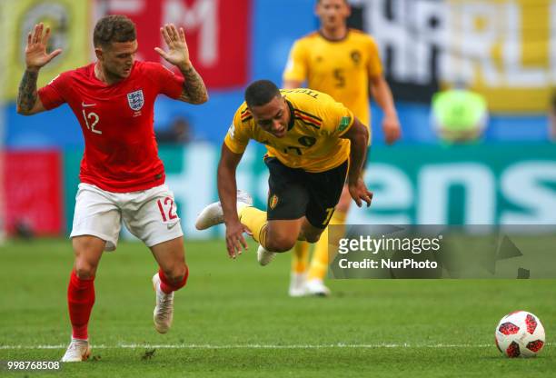 Kieran Trippier of the England national football team and Youri Tielemans of the Belgium national football team vie for the ball during the 2018 FIFA...