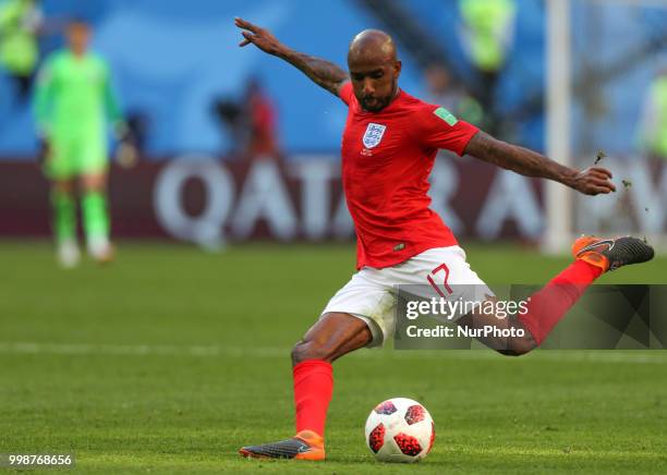 Fabian Delph of the England national football team vie for the ball during the 2018 FIFA World Cup Russia 3rd Place Playoff match between Belgium and...