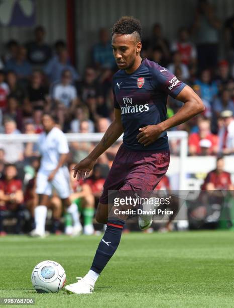 Pierre-Emerick Aubameyang of Arsenal controls the ball during the match between Borehamwood and Arsenal at Meadow Park on July 14, 2018 in...