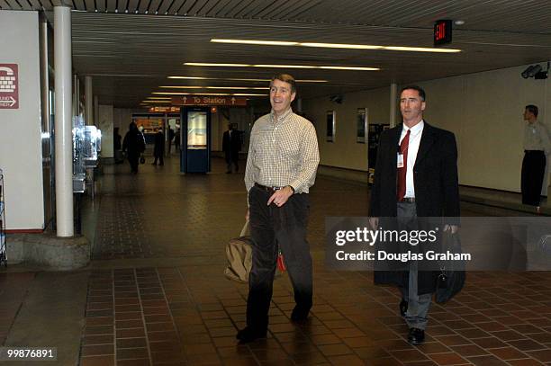 Senate Majority Leader Bill Frist, R-Tenn., and other House and Senate Republicans walk to a train in Union Station for their retreat at the...