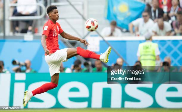 Marcus Rashford of England in action during the 2018 FIFA World Cup Russia 3rd Place Playoff match between Belgium and England at Saint Petersburg...