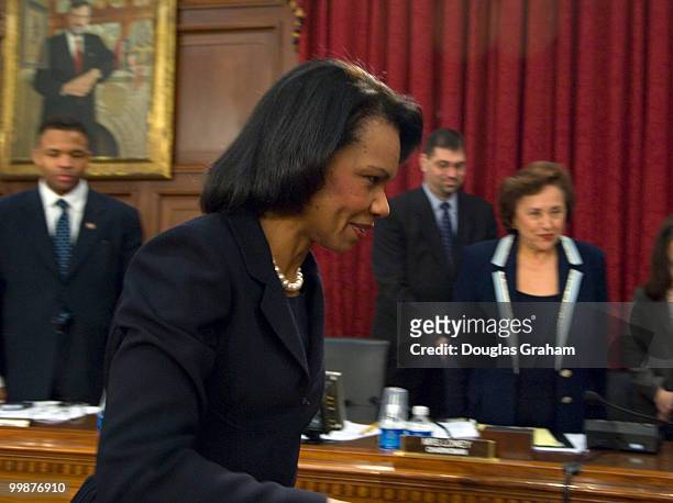 Secretary of State Condoleezza greets members and Chairwomen Nita Lowey, D-NY., before the start of the House Appropriations Committee International...