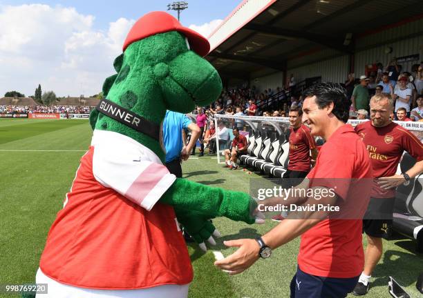 Arsenal Head Coach Unai Emery shakes hands with Arsenal Mascot Gunnersaurus before the match between Borehamwood and Arsenal at Meadow Park on July...