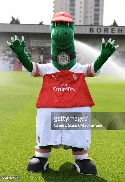 Arsenal mascot Gunnersaurus before the pre-season friendly between Boreham Wood and Arsenal at Meadow Park on July 14, 2018 in Borehamwood, England.