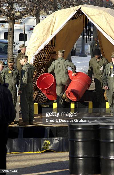 The Marine haz-mat team from Dover Delaware along with the Coast Guard and the U.S. Capitol Police prepare to enter the Russell Senate Office...