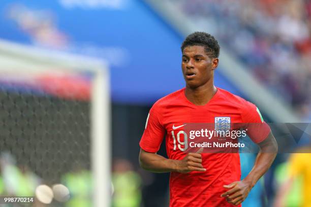 Marcus Rashford of the England national football team reacts during the 2018 FIFA World Cup Russia 3rd Place Playoff match between Belgium and...