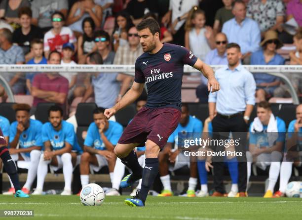 Sokratis Papastathopoulos of Arsenal controls the ball during the match between Borehamwood and Arsenal at Meadow Park on July 14, 2018 in...