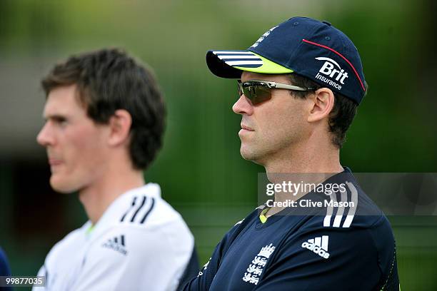 England coaching staff member Dene Hills looks on during a net session at The County Ground on May 18, 2010 in Derby, England.