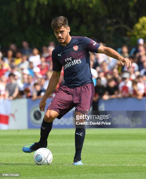 Konstantinos Mavropanos of Arsenal controls the ball during the match between Borehamwood and Arsenal at Meadow Park on July 14, 2018 in Borehamwood,...