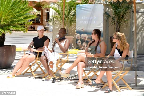 Iskra Lawrence, Cacsmy "Mama Cax" Brutus, Sarah Tripp and Nina Agdal speak during the Aerie Swim 2018 panel during the Paraiso Fashion Fair at the...