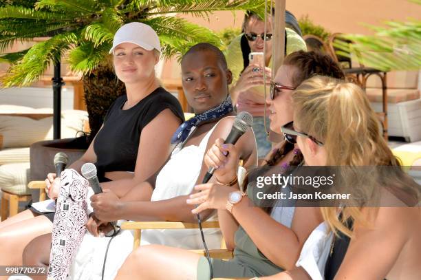 Iskra Lawrence, Cacsmy "Mama Cax" Brutus, Sarah Tripp and Nina Agdal speak during the Aerie Swim 2018 panel during the Paraiso Fashion Fair at the...