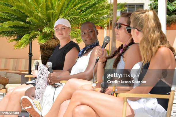Iskra Lawrence, Cacsmy "Mama Cax" Brutus, Sarah Tripp and Nina Agdal speak during the Aerie Swim 2018 panel during the Paraiso Fashion Fair at the...