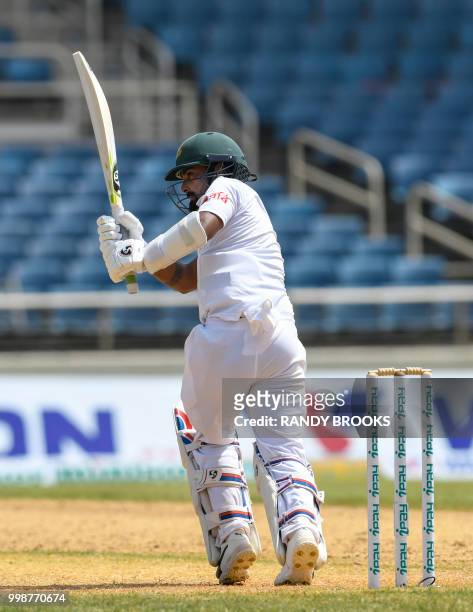Tamim Iqbal of Bangladesh hits 4 during day 3 of the 2nd Test between West Indies and Bangladesh at Sabina Park, Kingston, Jamaica, on July 14, 2018.