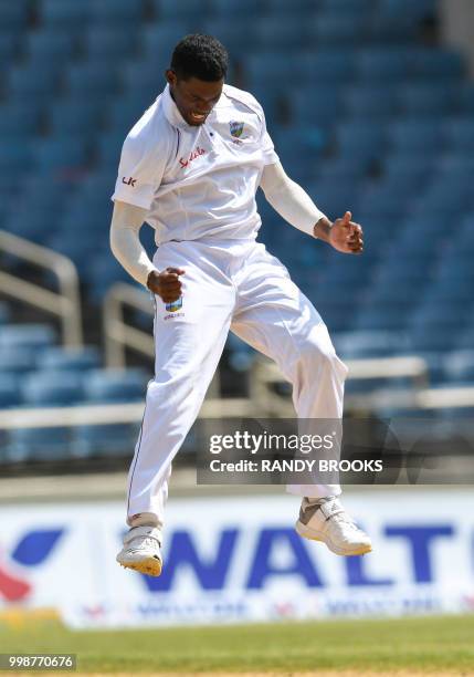 Keemo Paul of West Indies celebrates the dismissal of Tamim Iqbal during day 3 of the 2nd Test between West Indies and Bangladesh at Sabina Park,...