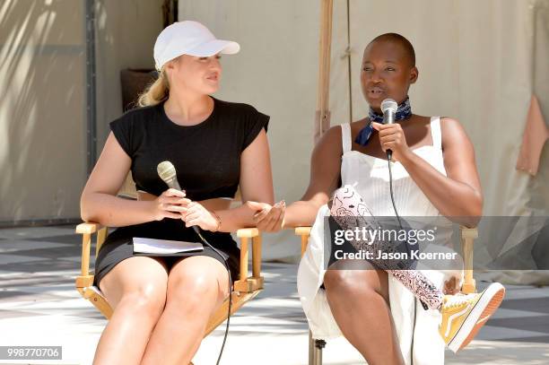 Iskra Lawrence and Cacsmy "Mama Cax" Brutus speak during the Aerie Swim 2018 panel during the Paraiso Fashion Fair at the Plymouth Hotel Miami on...