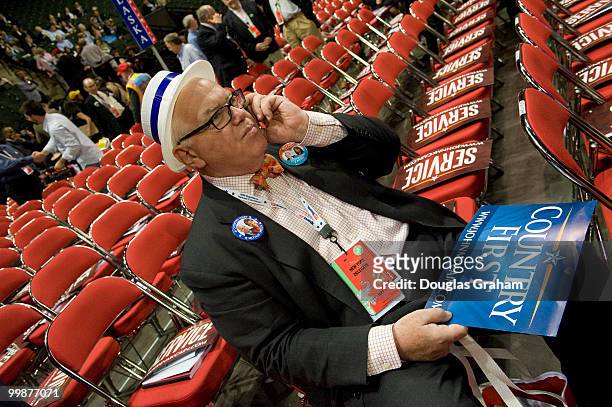 Wayne Baden talks on his cell phone on the floor of the Xcel Energy Center during the Republican National Convention in St. Paul. September 2, 2008.