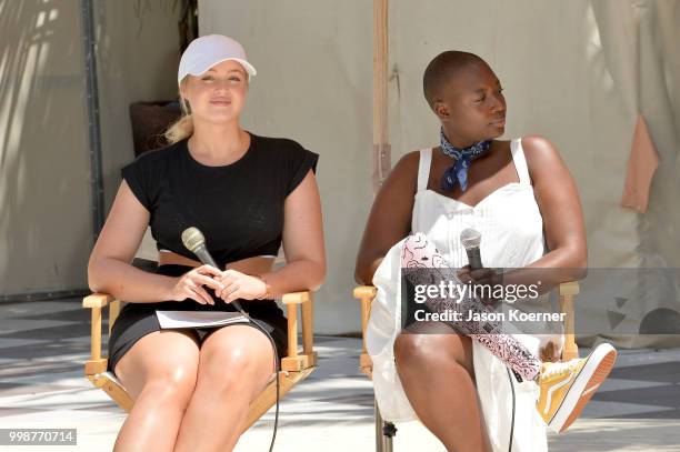 Iskra Lawrence and Cacsmy "Mama Cax" Brutus speak during the Aerie Swim 2018 panel during the Paraiso Fashion Fair at the Plymouth Hotel Miami on...
