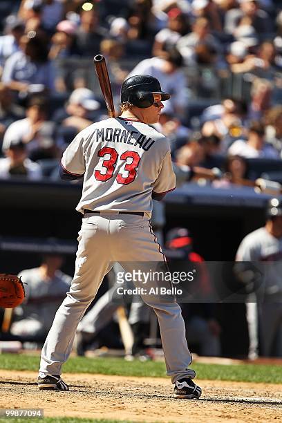 Justin Morneau of the Minnesota Twins in action against The New York Yankees during their game on May 16, 2010 at Yankee Stadium in the Bronx Borough...