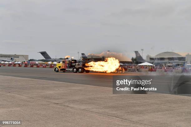 The Shockwave Jet Truck is seen at the 2018 Great New England Air and Space Show on July 14, 2018 in Chicopee, Massachusetts.
