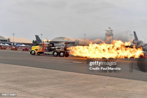 The Shockwave Jet Truck is seen at the 2018 Great New England Air and Space Show on July 14, 2018 in Chicopee, Massachusetts.