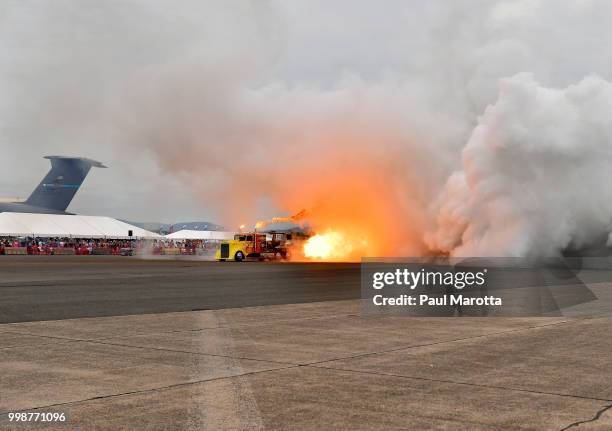 The Shockwave Jet Truck is seen at the 2018 Great New England Air and Space Show on July 14, 2018 in Chicopee, Massachusetts.