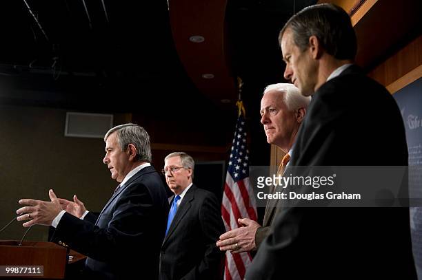 Mike Johanns, R-NE, Minority Leader Mitch McConnell, R-KY, John Cornyn, R-TX, and John Thune, R-SD, talk to reporters during a press conference in...