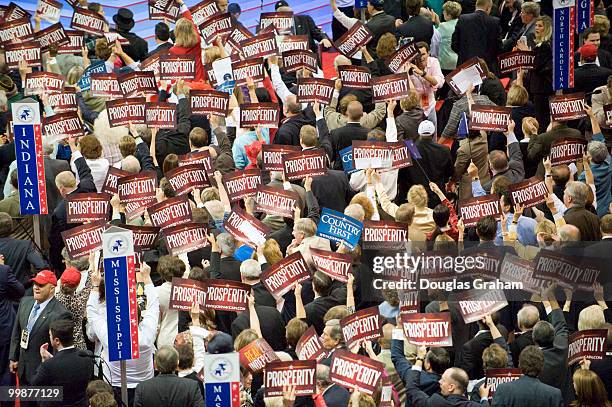 Delegates hold up signs as Republican Vice Presidential Presumptive Nominee Sarah Palin speaks on the third day of the Republican National Convention...