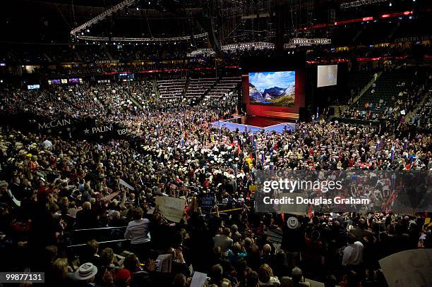 Former Gov. Mike Huckabee addresses the crowd on the third day of the Republican National Convention held at the Xcel Center in St. Paul, September...