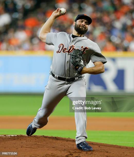 Michael Fulmer of the Detroit Tigers pitches in the first inning against the Houston Astros at Minute Maid Park on July 14, 2018 in Houston, Texas.