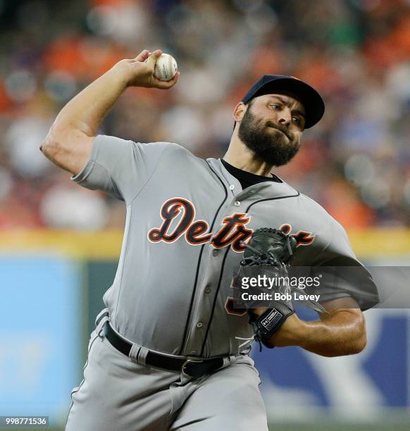 Michael Fulmer of the Detroit Tigers pitches in the first inning against the Houston Astros at Minute Maid Park on July 14, 2018 in Houston, Texas.