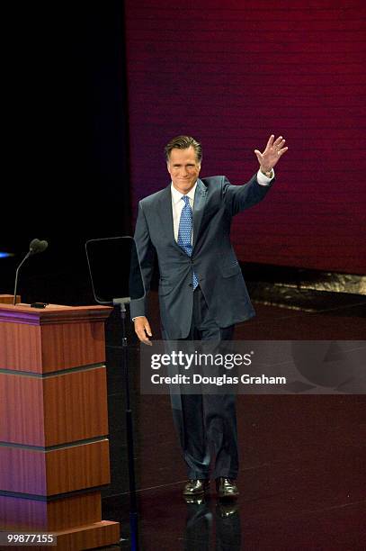 Former Gov. Mitt Romney addresses the crowd on the third day of the Republican National Convention held at the Xcel Center in St. Paul, September 3,...