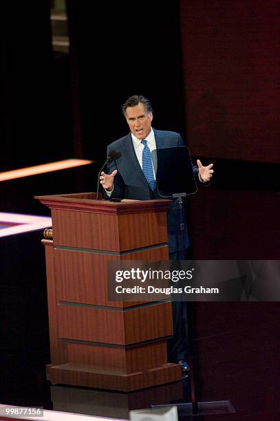 Former Gov. Mitt Romney addresses the crowd on the third day of the Republican National Convention held at the Xcel Center in St. Paul, September 3,...