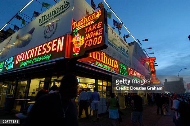 Nathan's famous hotdog stand at Coney Island during the 2004 Republican National Convention. Nathan's has been serving the famous coney island hotdog...