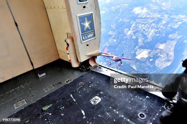 The U.S. Army Parachute Team The Golden Knights prepare for their demonstration jump at 10,500 feet at the 2018 Great New England Air and Space Show...