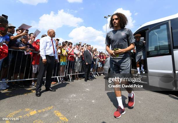 Matteo Guendouzi of Arsenal arrives at the stadium before the match between Borehamwood and Arsenal at Meadow Park on July 14, 2018 in Borehamwood,...